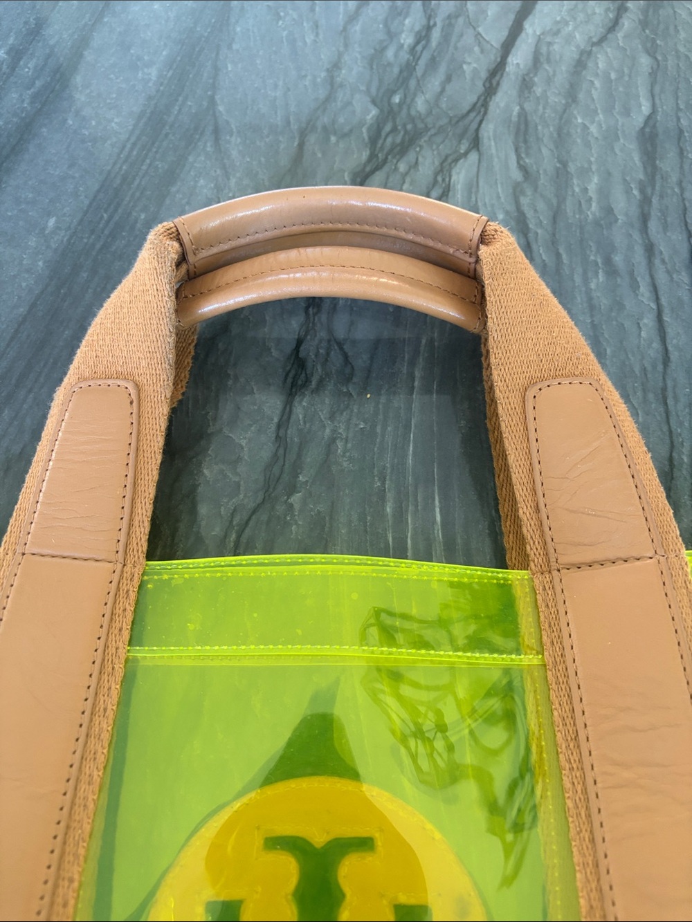 Tory Burch Neon Yellow Clear Tote with Tan Trim - Picture 8 of 11